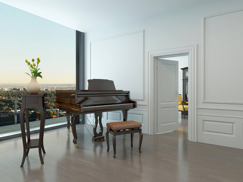 Grand piano standing in nice white room