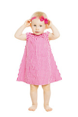 Little girl kid in red dress with bow. Child white isolated