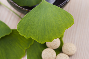 Ginkgo biloba leaves in mortar and pills