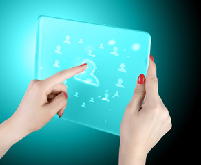 woman hand pressing modern social buttons