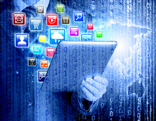 Business man use tablet pc with colorful application icons