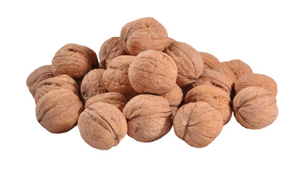 Heap of whole walnuts on a white