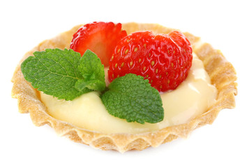 Tasty tartlet with strawberries isolated on white