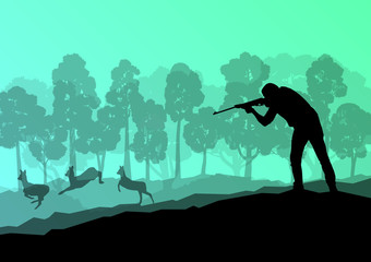 Hunter silhouette background landscape vector concept with fores