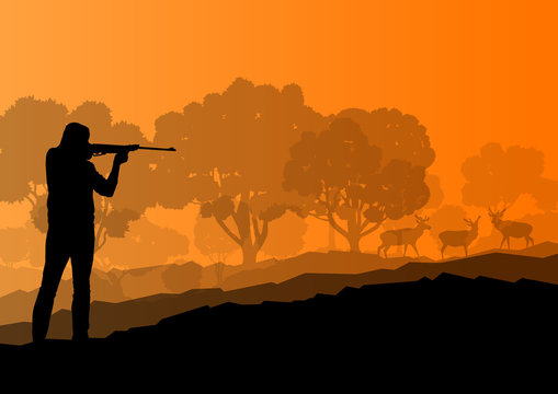 Hunter silhouette background landscape vector concept with fores