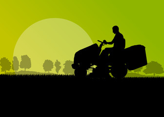 Man with lawn mower tractor cutting grass in field landscape bac