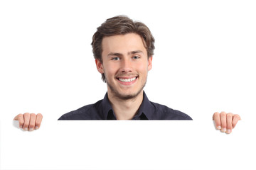 Happy man holding a blank banner