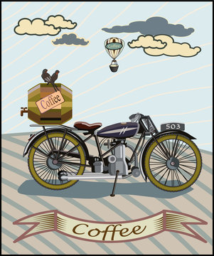 Retro banner with a cup of coffee and motorcycle