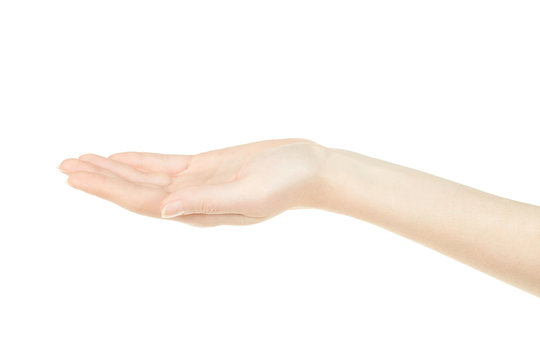 Woman hand open, empty palm up on white, clipping path