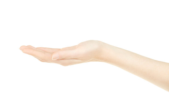 Woman hand open, palm up on white, clipping path