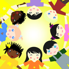Children of different races together in a circle on sunny backgr