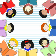 Children of different races reading books and sit in a circle on