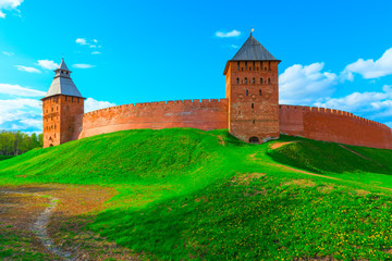 Fototapeta na wymiar beautiful panorama of the walls of Novgorod Kremlin