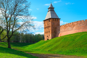 Novgorod Kremlin tower above the city