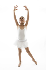 young cute little girl ballet dancer dancing on white background © Wordley Calvo Stock