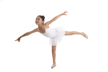 cute little girl classic ballet dancer on white background