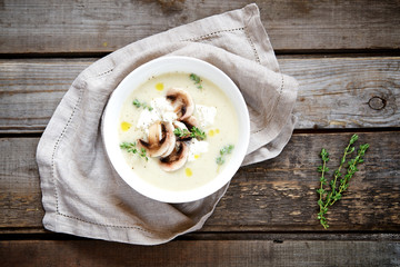 Potato cream soup with mushrooms. Top view.