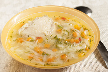 Soup of chicken breasts with vegetables  .