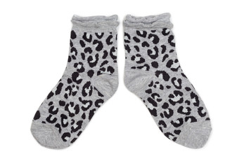 Pair of gray socks with black pattern.