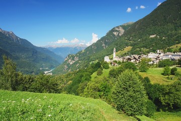 Naklejka na ściany i meble View of the Soglio and Bregaglia valley in the Switzerland
