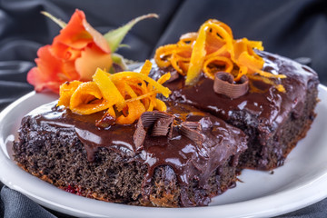 Delicious and sweet chocolate cake with rose