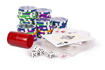 poker cards with chips and dice isolated
