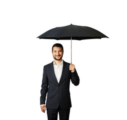 smiley businessman under umbrella