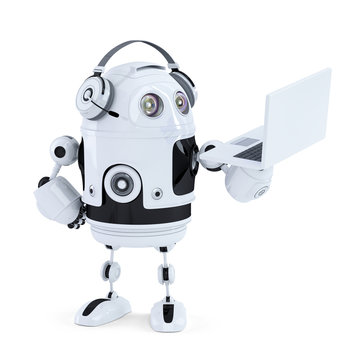 Robot with headphones and laptop. Isolated. Clipping path