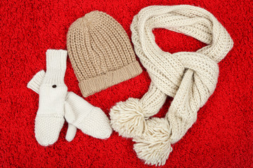 Winter cap, scarf and mittens, on color background
