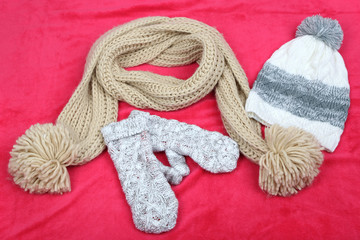 Winter cap, scarf and mittens, on color background