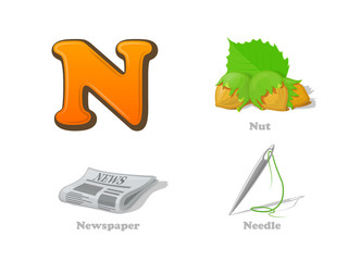 ABC letter N funny kid icons set: nut, newsletter, needle