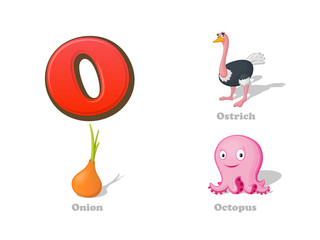 ABC letter O funny kid icons set: ostrich, onion, octopus