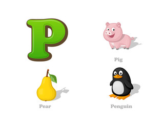 ABC letter P funny kid icons set: pig, peach, penguin