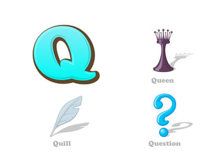 ABC letter Q funny kid icons set: queen, quill, question