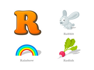 ABC letter R funny kid icons set: rabbit, rainbow, radish