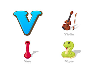 ABC letter V funny kid icons set: violin, vase, viper