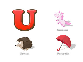 ABC letter U funny kid icons set: unicorn, urchin, umbrella