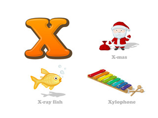 ABC letter X funny kid icons set: X-mas, x-ray fish, xylophone