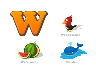 ABC letter W funny kid icons set: woodpecker, watermelon, whale