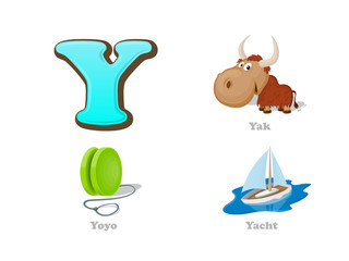 ABC letter Y funny kid icons set: yak, yoyo, yacht