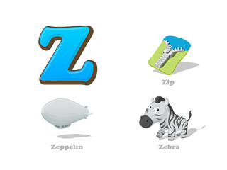 ABC letter Z funny kid icons set: zebra, zip, zeppelin