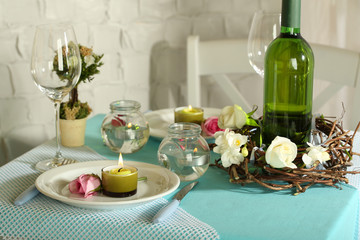 Beautiful holiday Easter table setting in blue tones,