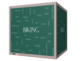 Biking Word Cloud Concept on a 3D cube Blackboard