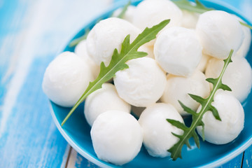 Close-up of mozzarella balls with arugula leaves, studio shot