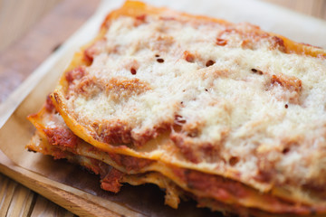 Lasagna with bolognese sauce, horizontal shot, close-up