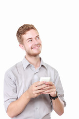 Thoughtful businessman portrait while using laptop computer