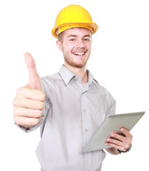 foreman with hard hat showing thumb up