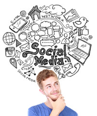 man smiling thinking of social media