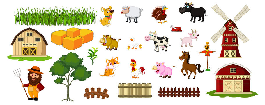 illustration of farmer,farm animals and related items
