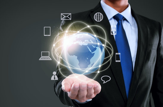 Businessman presenting global network media